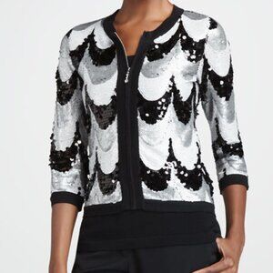 NEW Michael Simon Black White Sequined Scallop Cocktail Jacket Size PP